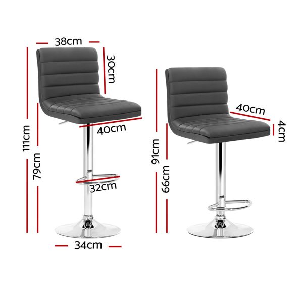 Artiss 2x Bar Stools Padded Leather Gas Lift Grey - Image 2
