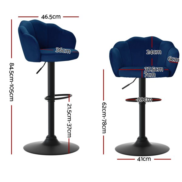 Nessah Blue Velvet Bar Stools – Set of 2 | Elegant Swivel Height Adjustable Kitchen Stools - Image 2