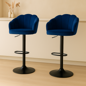 Nessah Blue Velvet Bar Stools – Set of 2 | Elegant Swivel Height Adjustable Kitchen Stools