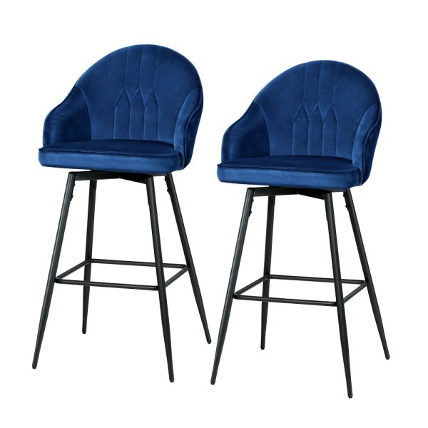 Artiss 2x Bar Stools Velvet Swivel Metal Legs Blue - Image 2