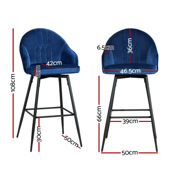 Artiss 2x Bar Stools Velvet Swivel Metal Legs Blue - Image 3