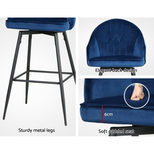 Artiss 2x Bar Stools Velvet Swivel Metal Legs Blue - Image 7
