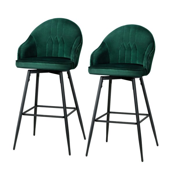 Artiss 2x Bar Stools Velvet Swivel Metal Legs Green - Image 2