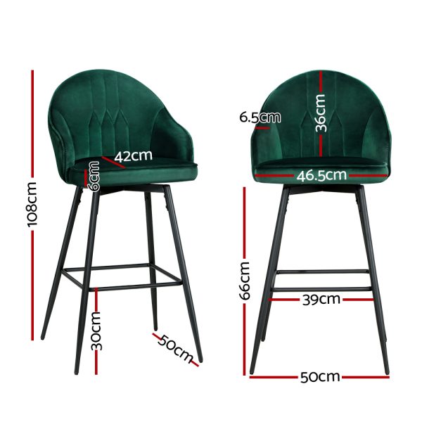 Artiss 2x Bar Stools Velvet Swivel Metal Legs Green - Image 3