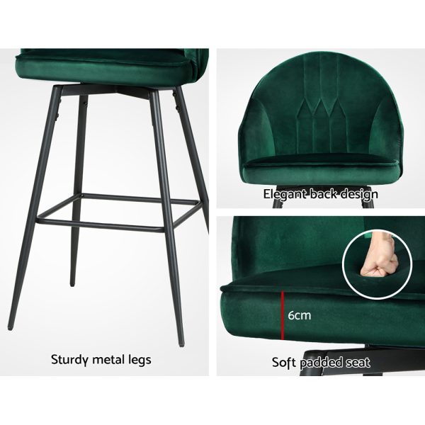 Artiss 2x Bar Stools Velvet Swivel Metal Legs Green - Image 7