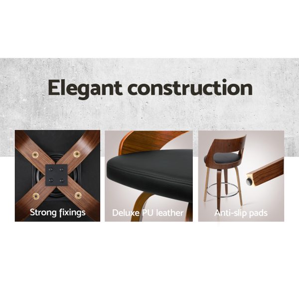 Modern Swivel Bar Stools with Walnut Legs & PU Leather Seat – Set of 2 - 65cm - Image 6