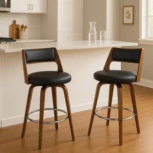 Modern Swivel Bar Stools – Walnut Wood & Black PU Leather | Set of 2 | Kitchen Living Co