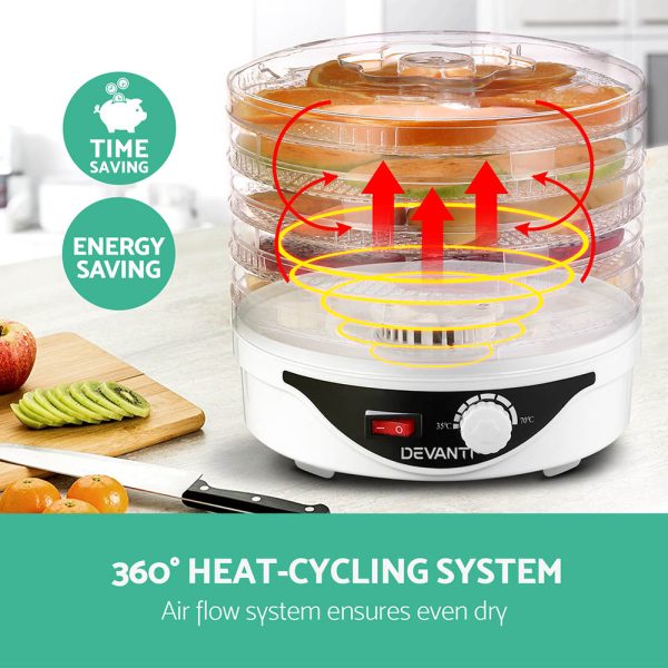 Devanti 5 Trays Food Dehydrator Fruit Dehydrators Pet Beef Jerky Dryer White - Image 4