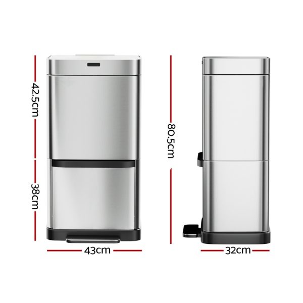 Devanti 70L Motion Sensor Bin Pedal Bins Automatic Siver - Image 2