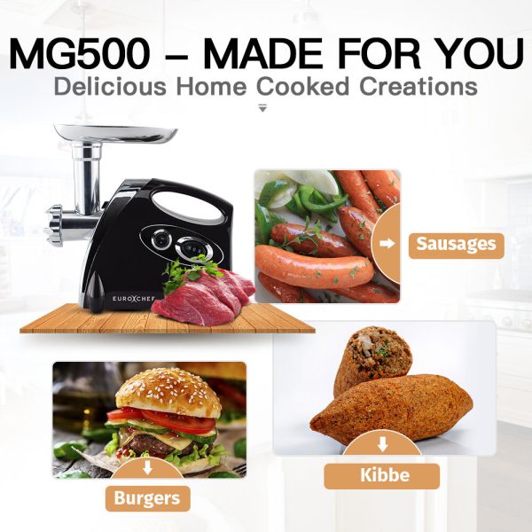 EUROCHEF Electric Meat Grinder, Stainless Steel Mincer Sausage Filler Kibbe Maker, Black - Image 2