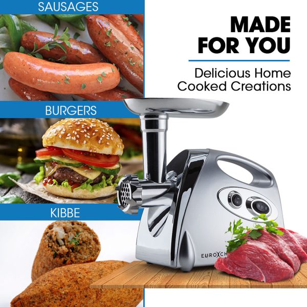 EUROCHEF Electric Meat Grinder, Stainless Steel Mincer Sausage Filler Kibbe Maker, Silver - Image 2