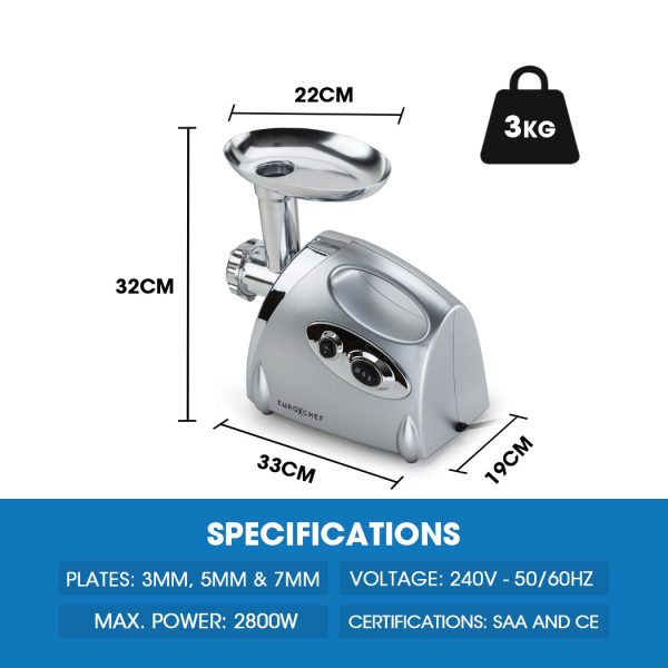 EUROCHEF Electric Meat Grinder, Stainless Steel Mincer Sausage Filler Kibbe Maker, Silver - Image 5