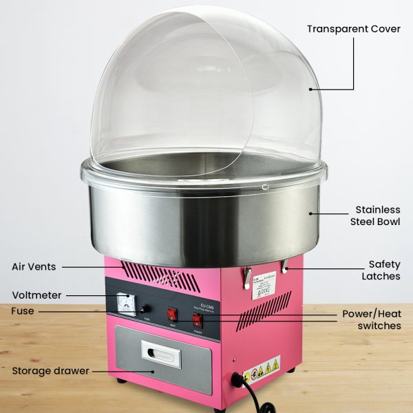 EUROCHEF 1000W Commercial Cotton Candy Machine Fairy Floss Maker with Transparent Shield - Image 2