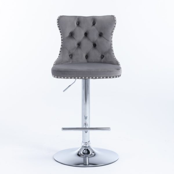 4x Height Adjustable Swivel Bar Stool Velvet Stud Barstool with Footrest and Chromed Base- Gray - Image 4