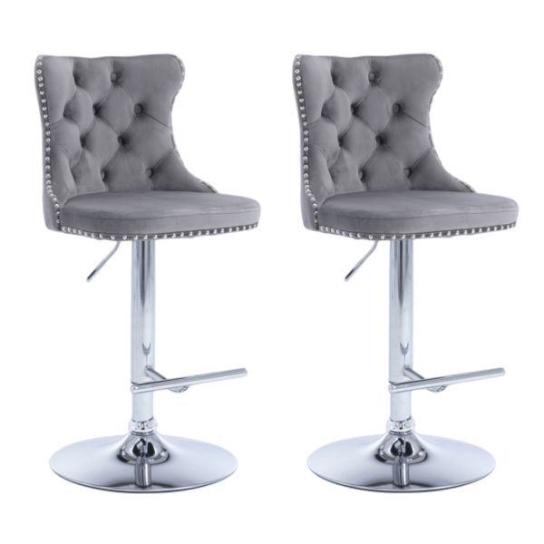 2x Height Adjustable Swivel Bar Stool Velvet Stud Barstool with Footrest and Chromed Base- Gray - Image 2
