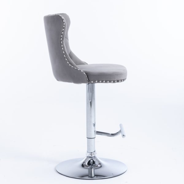 4x Height Adjustable Swivel Bar Stool Velvet Stud Barstool with Footrest and Chromed Base- Gray - Image 5