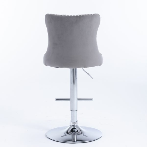 4x Height Adjustable Swivel Bar Stool Velvet Stud Barstool with Footrest and Chromed Base- Gray - Image 6