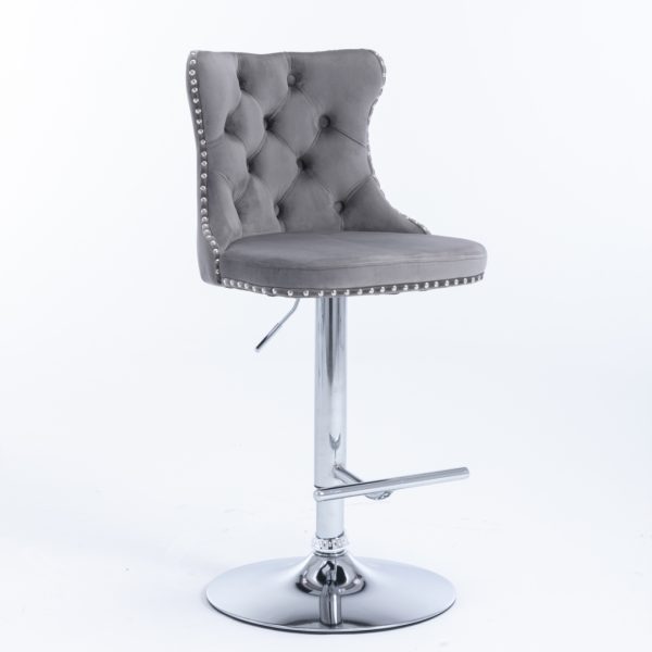 4x Height Adjustable Swivel Bar Stool Velvet Stud Barstool with Footrest and Chromed Base- Gray - Image 3