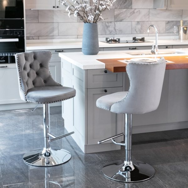 4x Height Adjustable Swivel Bar Stool Velvet Stud Barstool with Footrest and Chromed Base- Gray - Image 2