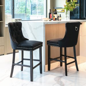 Velvet Upholstered Bar Stools – Set of 2 | Black with Silver Studs & Wooden Legs