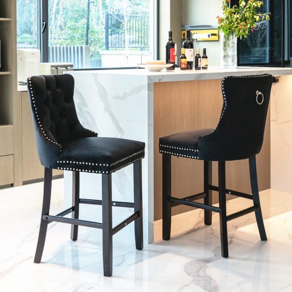 Velvet Upholstered Bar Stools – Set of 2 | Black with Silver Studs & Wooden Legs