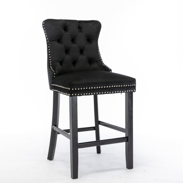 Velvet Upholstered Bar Stools – Set of 2 | Black with Silver Studs & Wooden Legs - Image 2