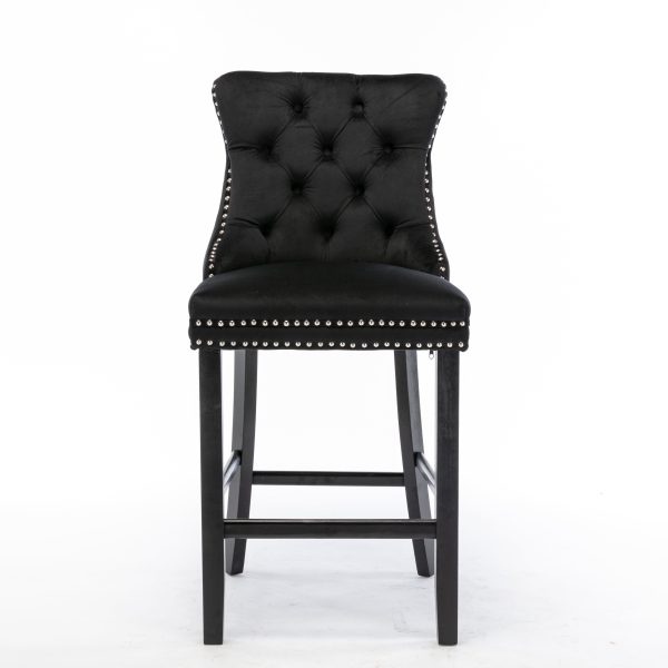 Velvet Upholstered Bar Stools – Set of 2 | Black with Silver Studs & Wooden Legs - Image 3