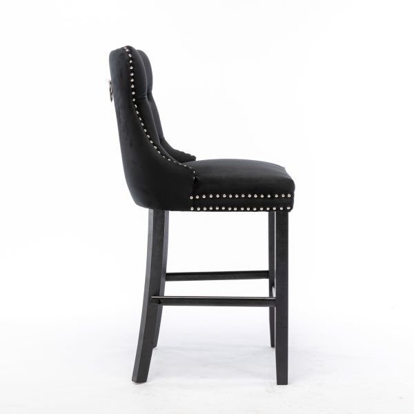 Velvet Upholstered Bar Stools – Set of 2 | Black with Silver Studs & Wooden Legs - Image 4