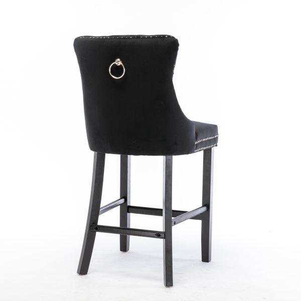 Velvet Upholstered Bar Stools – Set of 2 | Black with Silver Studs & Wooden Legs - Image 5