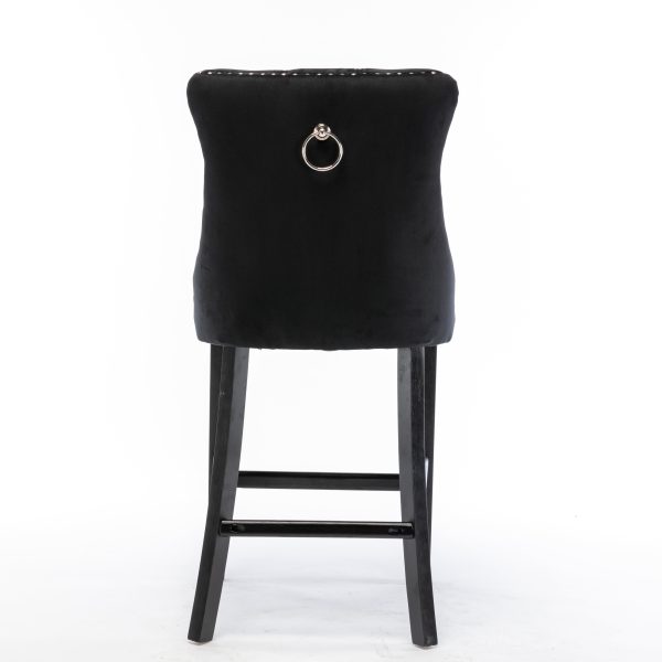 Velvet Upholstered Bar Stools – Set of 2 | Black with Silver Studs & Wooden Legs - Image 6