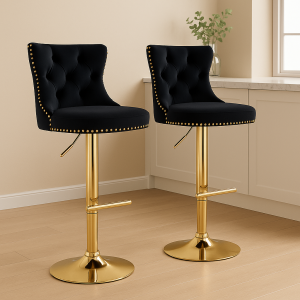 2x Height Adjustable Swivel Bar Stool Velvet Studs Barstool with Footrest and Golden Base- Black