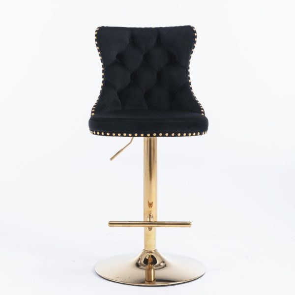 2x Height Adjustable Swivel Bar Stool Velvet Studs Barstool with Footrest and Golden Base- Black - Image 3