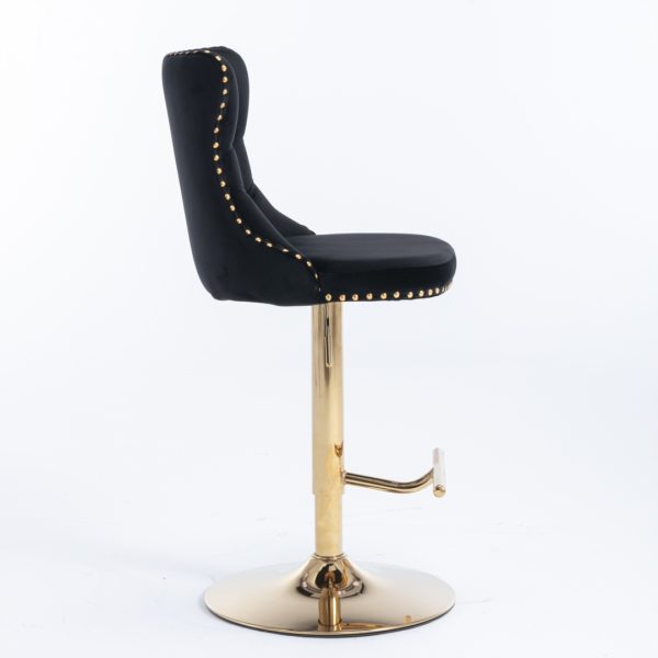 2x Height Adjustable Swivel Bar Stool Velvet Studs Barstool with Footrest and Golden Base- Black - Image 4