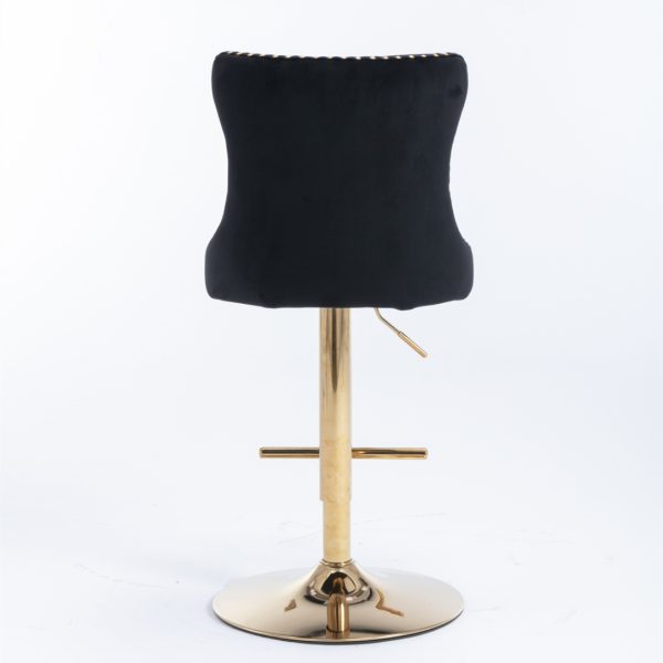 2x Height Adjustable Swivel Bar Stool Velvet Studs Barstool with Footrest and Golden Base- Black - Image 5