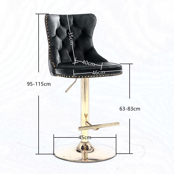 2x Height Adjustable Swivel Bar Stool Velvet Studs Barstool with Footrest and Golden Base- Black - Image 6