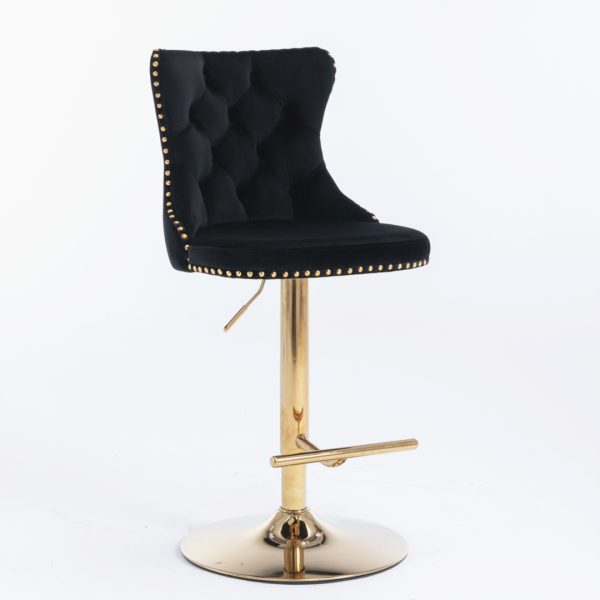2x Height Adjustable Swivel Bar Stool Velvet Studs Barstool with Footrest and Golden Base- Black - Image 2