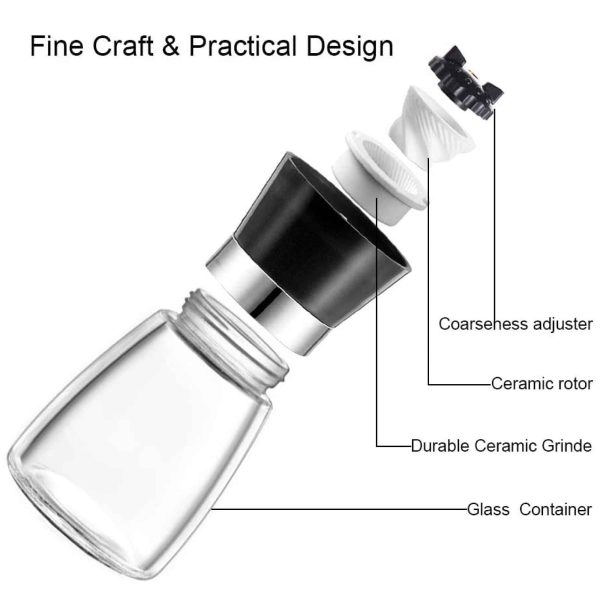 1x 150ml Glass Salt or Pepper Grinder 12cm - Adjustable Ceramic Core Short Mill - Image 2