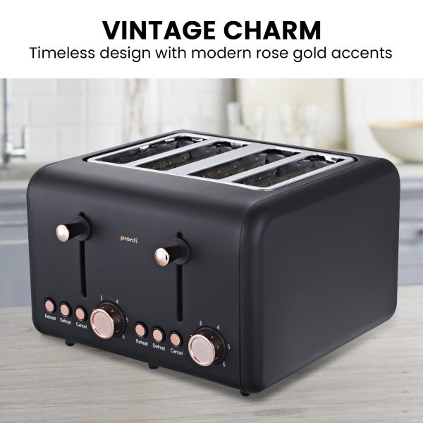Pronti 4 Slice Toaster Rose Trim Collection - Black - Image 2