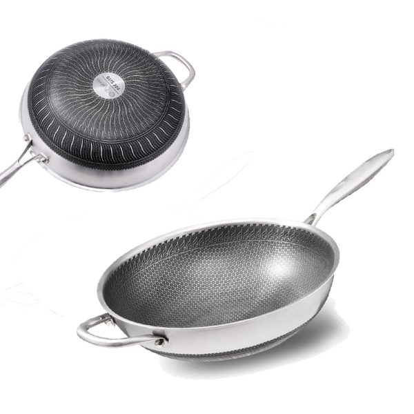 32cm 304 Stainless Steel Non-Stick Stir Fry Cooking Kitchen Honeycomb Wok Pan with Lid - Image 5