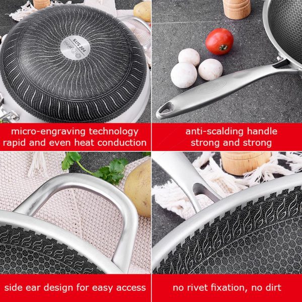 34cm 304 Stainless Steel Non-Stick Stir Fry Cooking Kitchen Honeycomb Wok Pan with Lid - Image 4