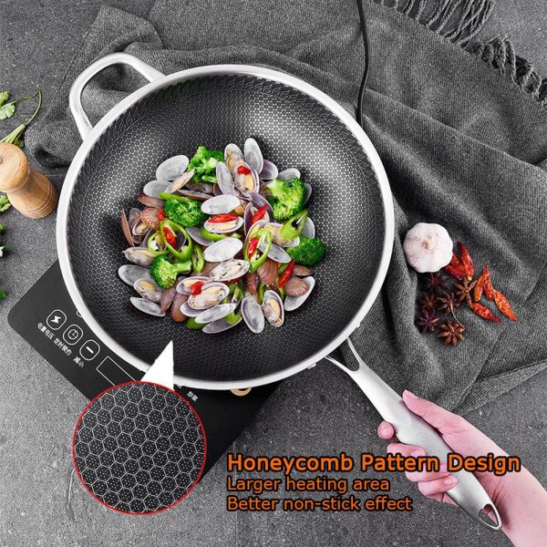 34cm 304 Stainless Steel Non-Stick Stir Fry Cooking Kitchen Honeycomb Wok Pan with Lid - Image 6
