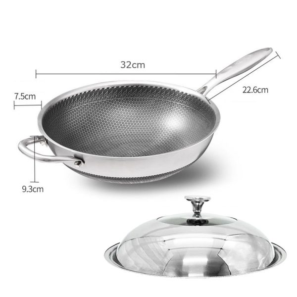 32cm 316 Stainless Steel Non-Stick Stir Fry Cooking Kitchen Wok Pan with Lid Honeycomb Double Sided - Image 3