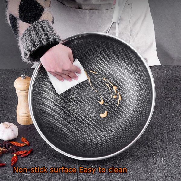 316 Stainless Steel 32cm Non-Stick Stir Fry Cooking Kitchen Wok Pan without Lid Honeycomb Double Sided - Image 2