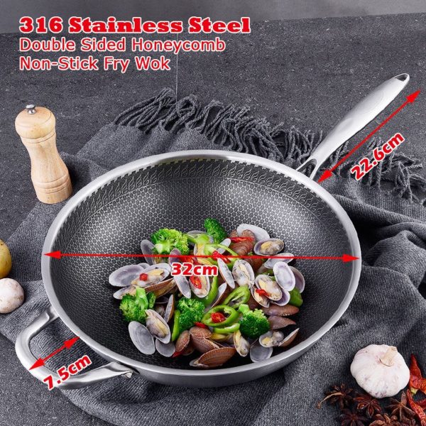 316 Stainless Steel 32cm Non-Stick Stir Fry Cooking Kitchen Wok Pan without Lid Honeycomb Double Sided - Image 3