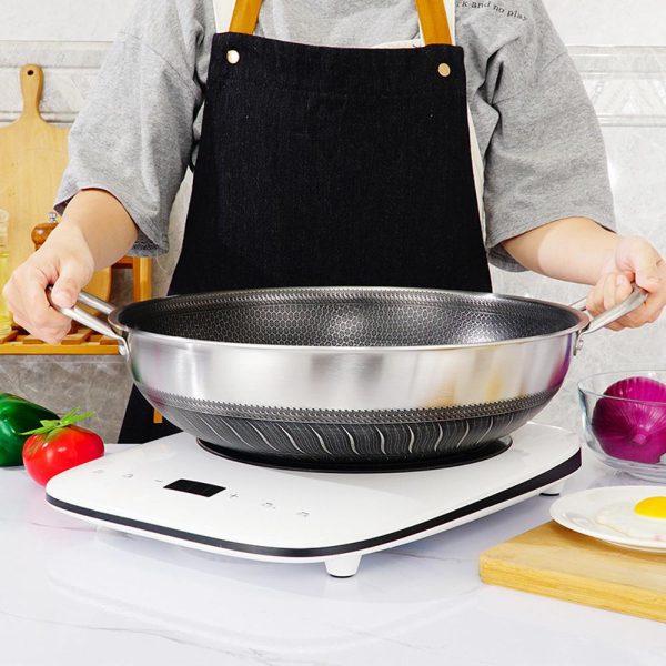304 Stainless Steel 34cm Non-Stick Stir Fry Cooking Double Ear Kitchen Wok Pan with Lid Honeycomb Double Sided - Image 2