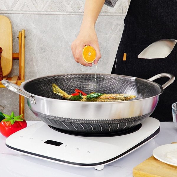 304 Stainless Steel 34cm Non-Stick Stir Fry Cooking Double Ear Kitchen Wok Pan with Lid Honeycomb Double Sided - Image 3