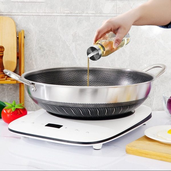 304 Stainless Steel 34cm Non-Stick Stir Fry Cooking Double Ear Kitchen Wok Pan with Lid Honeycomb Double Sided - Image 4