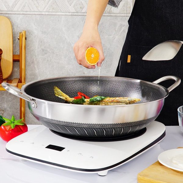 Double Ear 304 Stainless Steel 38cm Non-Stick Stir Fry Cooking Kitchen Wok Pan with Lid Honeycomb Double Sided - Image 3