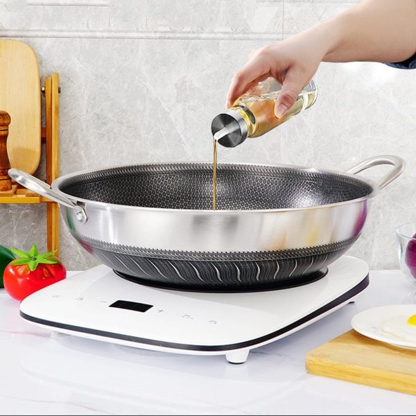 Double Ear 304 Stainless Steel 38cm Non-Stick Stir Fry Cooking Kitchen Wok Pan with Lid Honeycomb Double Sided - Image 4