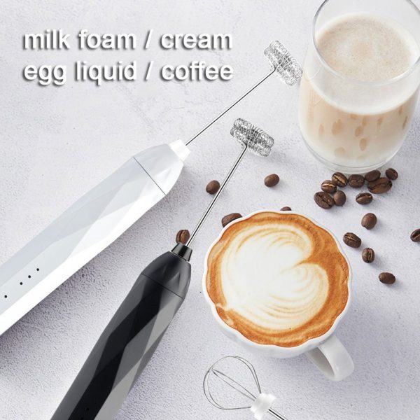 USB Charging Electric Egg Beater Milk Frother Handheld Drink Coffee Foamer White with 2 Stainless Steel Whisks - Image 3